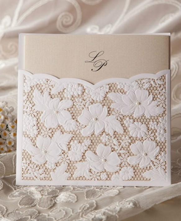 wedding photo - Cheap Flower Lace Pocket Card Wedding Invitation