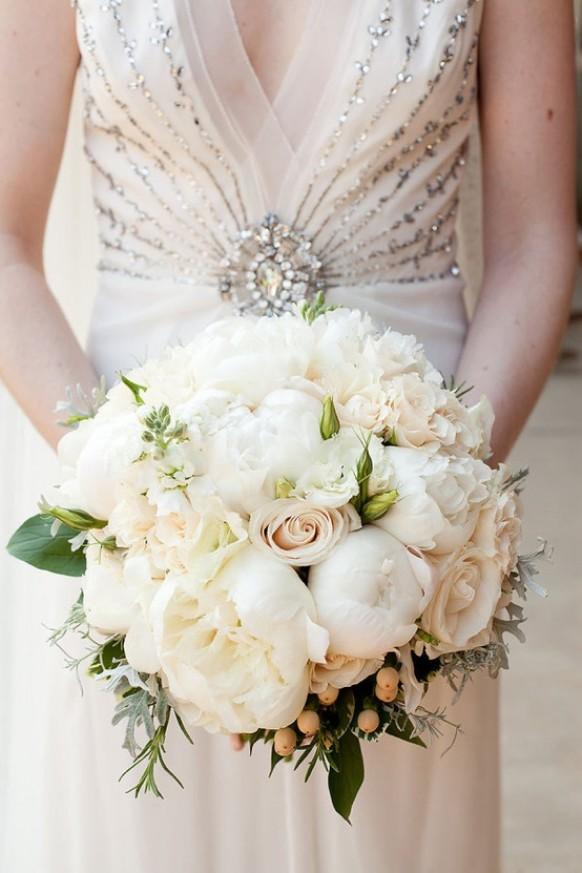 wedding photo - Classic White Roses and Peonies Wedding Bridal Bouquet 