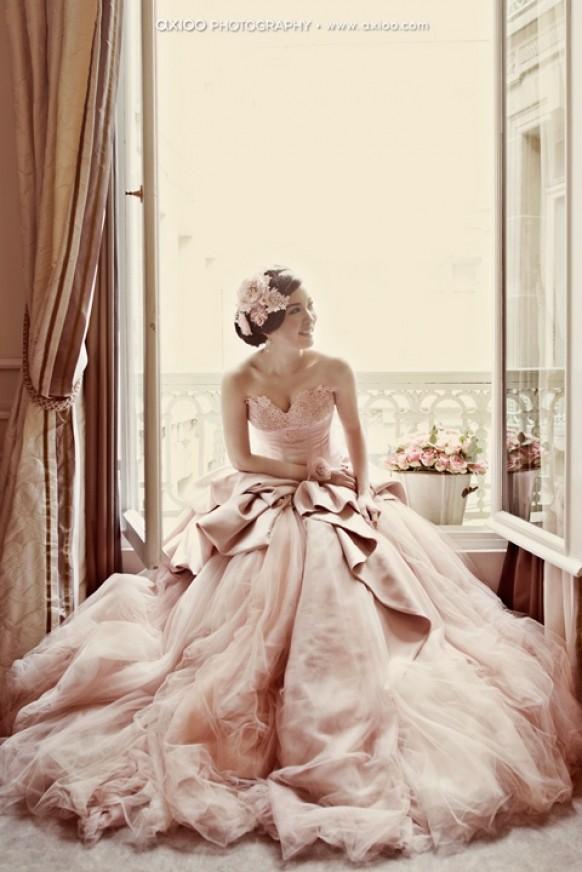 wedding photo - Pale Pink Strapless Deep Sweetheart Neckline and Tulle Ball Gown Wedding Dress ♥ Romantic Wedding Photography by Axioo 