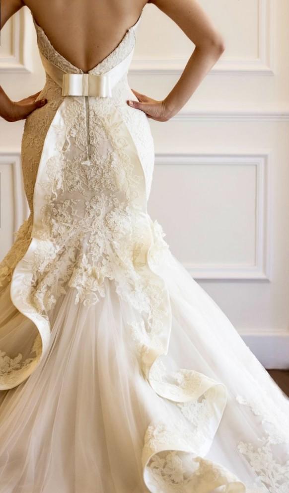 wedding photo - Gorgeous Ivory French Lace Wedding Dress with Unique Ruffle Back 