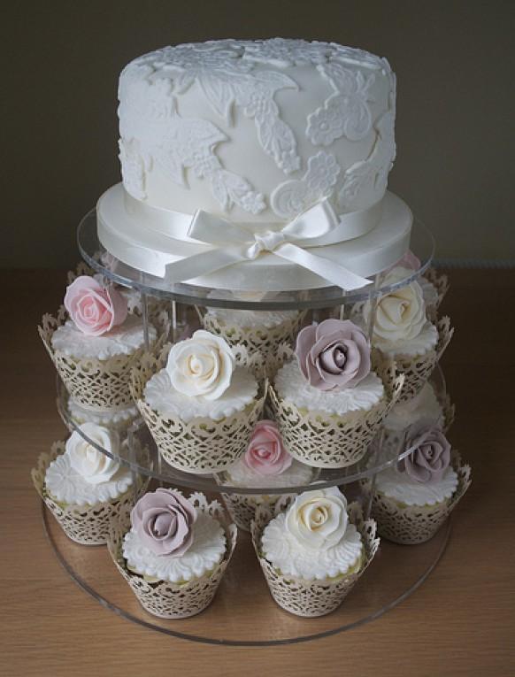 wedding photo - Vintage Rose & Lace Cupcake Tower