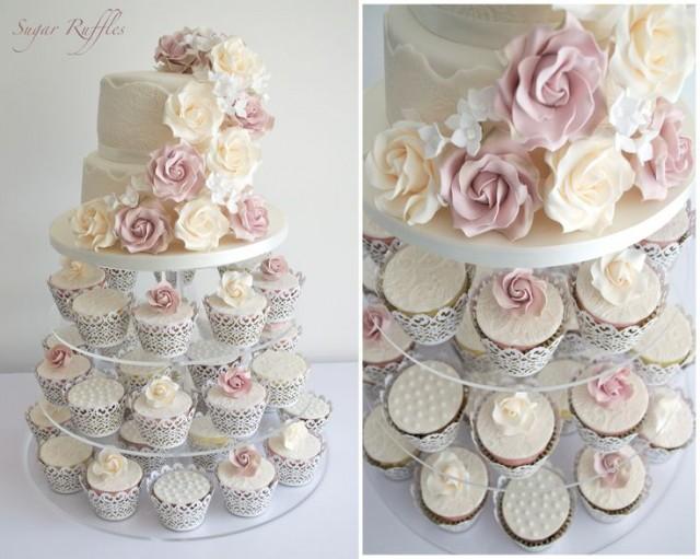 Multistory wedding tower with pink and yellow cake