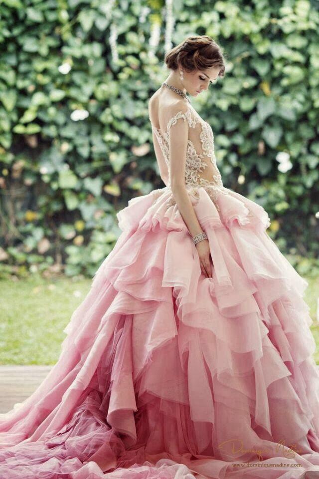 wedding photo - Pink-colored wedding Gown paired with the diamond necklace.