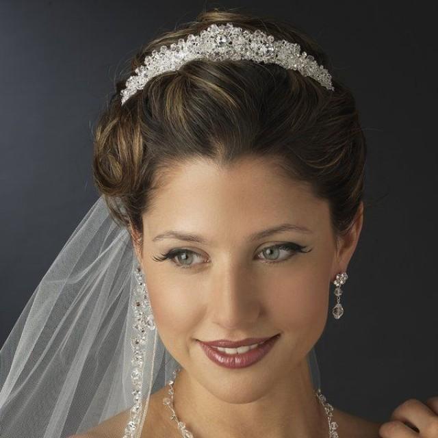 wedding photo - Silver Plated Crystal And Rhinestone Princess Cut Wedding Bridal Tiara