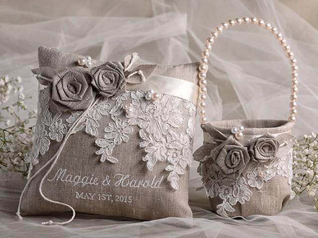 Flower Girl Basket & Ring Bearer Pillow Set, Shabby Chic Natural Linen, Embriodery Names - New ...