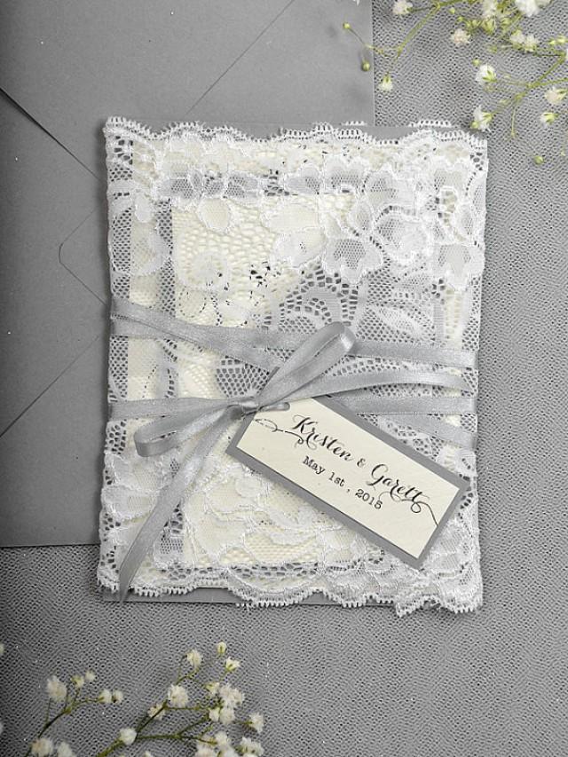 wedding photo - Silver Glitter Wedding Invitation -  Lace Grey Invitation
