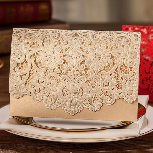 wedding photo - 50 Pcs Golden Lace Wedding Invitation With Royal Floral Design -  Printable Laser Cut Wedding Invitation Cards