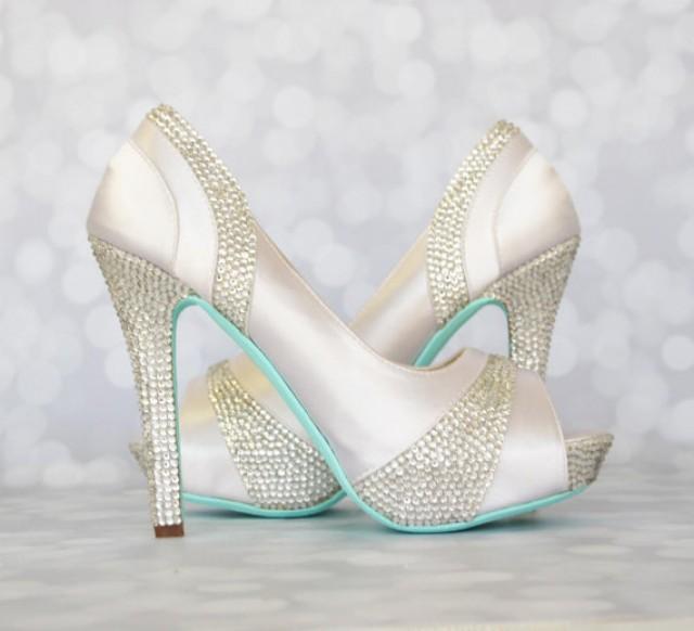 wedding photo - Wedding Shoes -- White Platform Peep Toe Wedding Shoes with Silver Rhinestone Heel and Pleats and Blue Painted Sole - New