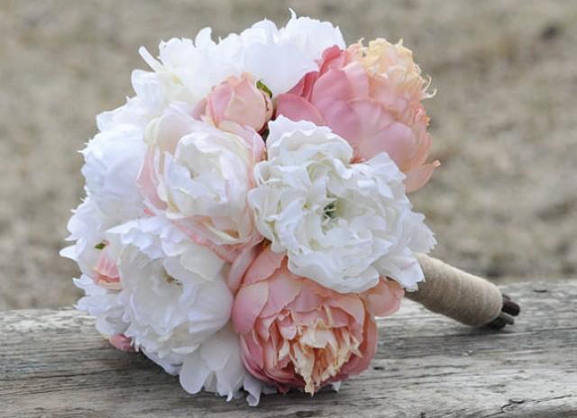 wedding photo - Silk Wedding Bouquet, Wedding Bouquet, Keepsake Bouquet, Bridal Bouquet, Blush Pink, Coral and Ivory Peony silk flower bouquet. - New