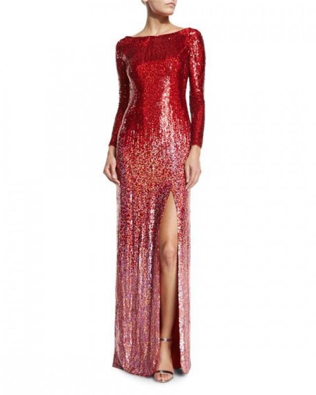 Long-Sleeve Boat-Neck Ombre Sequined Gown, Tomette