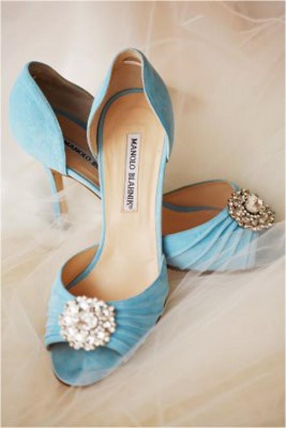 wedding photo - Blue velvety shoes with crystals