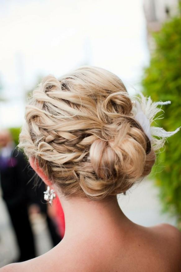 wedding photo - Pretty Wedding Braided Updo Hairstyle with Feather Hair Comb 