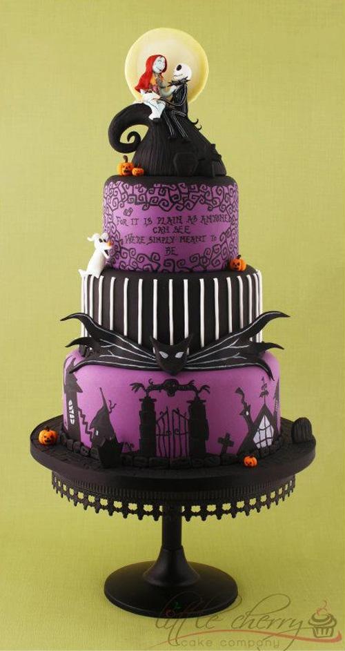 Wedding - Hand-painted Nightmare Before Christmas Violin Wedding Cake ♥ Tim Burton Tiered Purple Fondant Halloween Wedding Cake