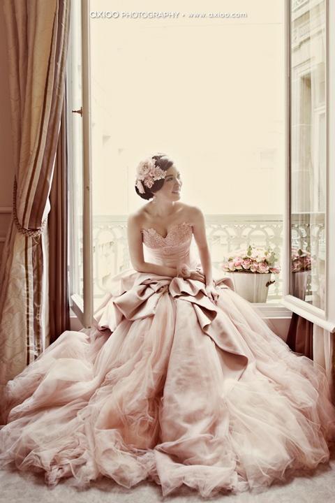 Wedding - Pale Pink Strapless Deep Sweetheart Neckline and Tulle Ball Gown Wedding Dress ♥ Romantic Wedding Photography by Axioo 