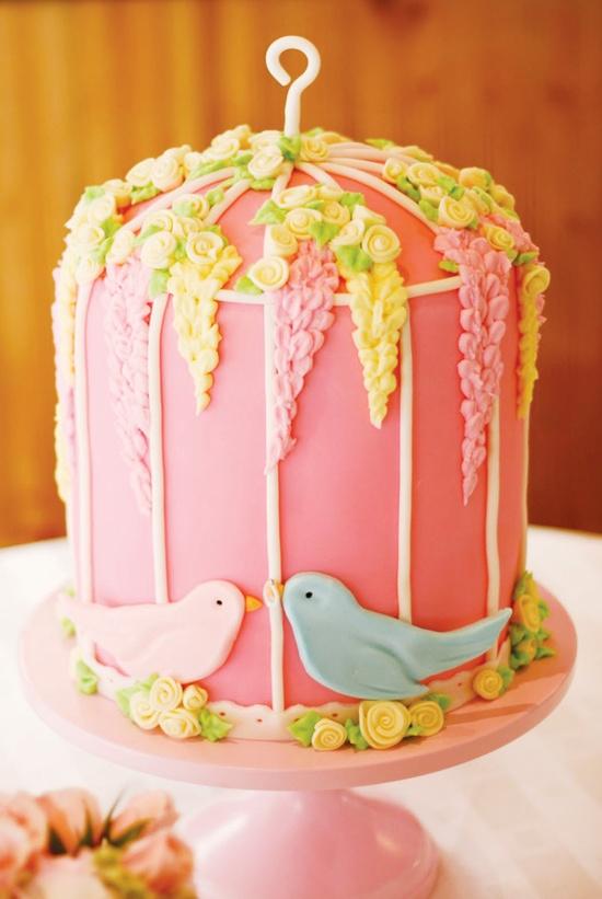Wedding - Pretty Pink Birdcage Wedding Cake with Blue and Pink Love Birds 