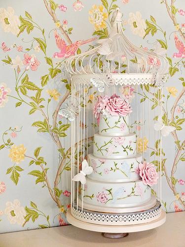Wedding - Handpainted Cake In A Birdcage