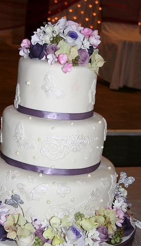 Wedding - Three Tier Cream And Purple Wedding Cake