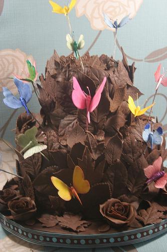Mariage - Chocolate Cake Covered With Leaves And Butterflies