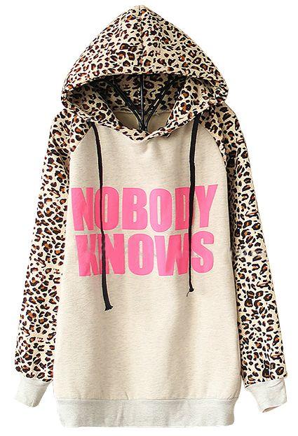 زفاف - Light Grey NOBODY KNOWS Print Hooded Leopard Sweatshirt - Sheinside.com