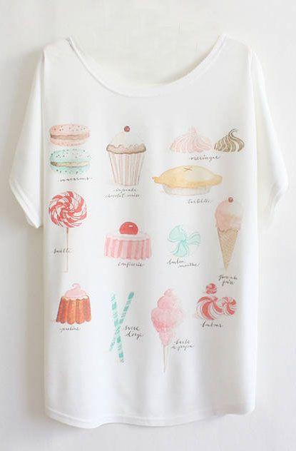 زفاف - White Batwing Short Sleeve Cakes Print T-Shirt - Sheinside.com