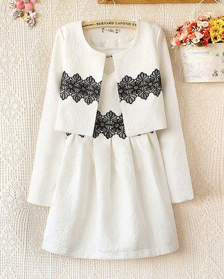 زفاف - White Long Sleeve Lace Crop Top With Dress - Sheinside.com