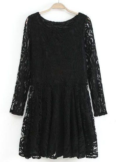 زفاف - Black Long Sleeve Embroidered Lace Pleated Dress - Sheinside.com