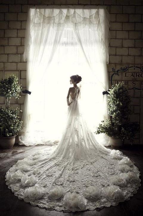 Wedding - Fairytale white wedding dress decorated with flowers