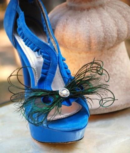 Wedding - Shoe Clips Peacock Feather Bow. Bride Bridal Bridesmaid Steampunk Sophisticated Teal Emerald Green Iridescent Metallic Rhinestone Or Pearl