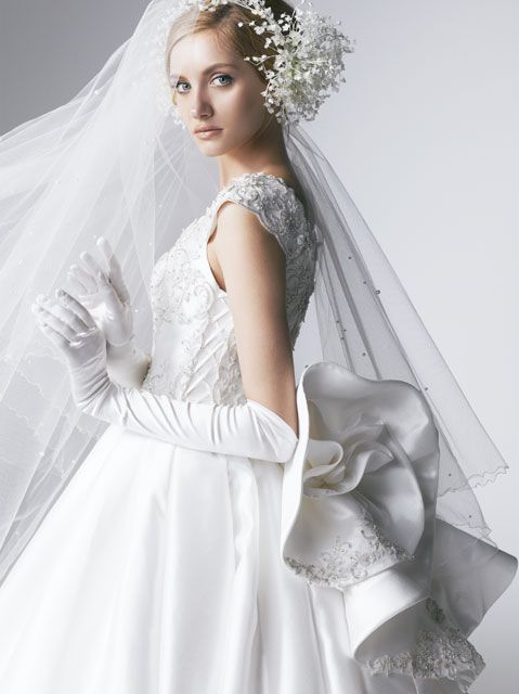 Wedding - White satin wedding dress with flowers