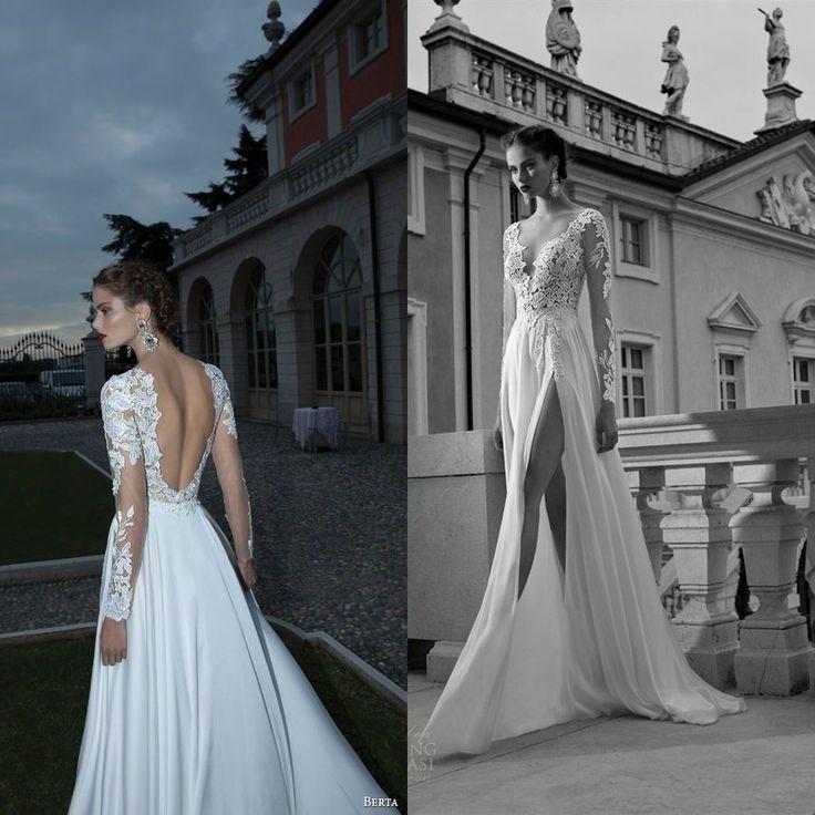 Hochzeit - New Sexy V-Ausschnitt Brautkleider Langarmshirt bloße Spitze Rückenfrei Slit-Brautkleid