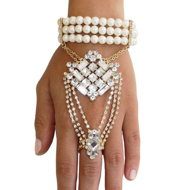 Hochzeit - 1920 Great Gatsby Inspiriert Goldkristallhandchain Bracelet Flapper Handstück
