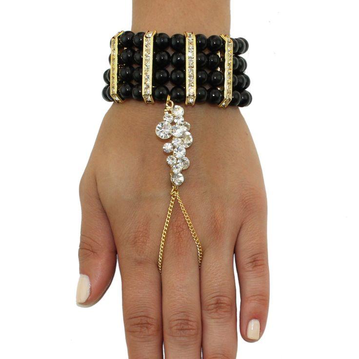 Wedding - 1920's Great Gatsby Inspired Gold Crystal Black Pearl Beaded Hand Chain Bracelet