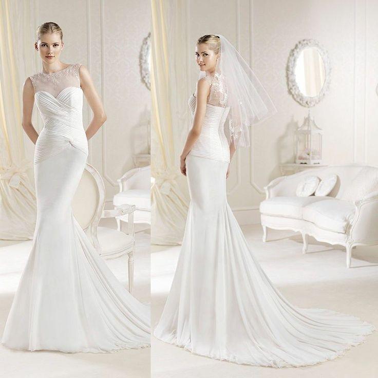 Hochzeit - 2014 New Mermaid Illusion Neck Cap Sleeves Chiffon Hochzeitskleid in Weiß Elfenbein