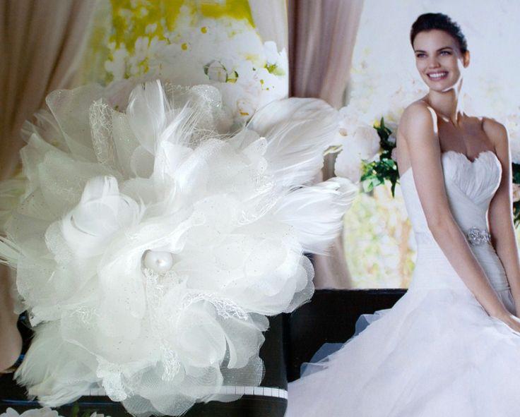 Wedding - Bridal Double Big Organza Flower Headpiece Faux Pearl Feathers Wedding Hair Clip