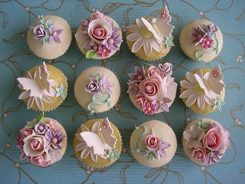 Wedding - Pastel wedding cupcakes with roses and butterflies