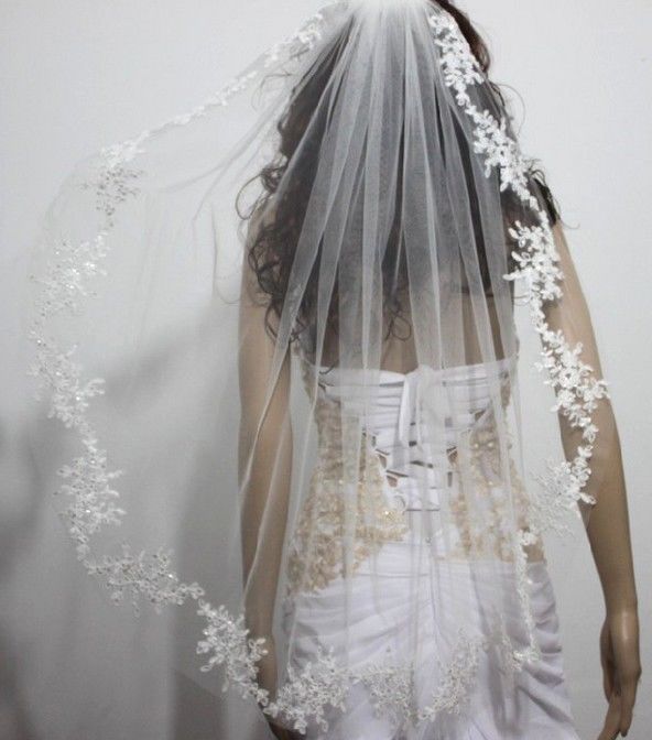 Wedding - 1 Layer Veil White Ivory Lace Applique Sequins Bridal Wedding Veil & Comb
