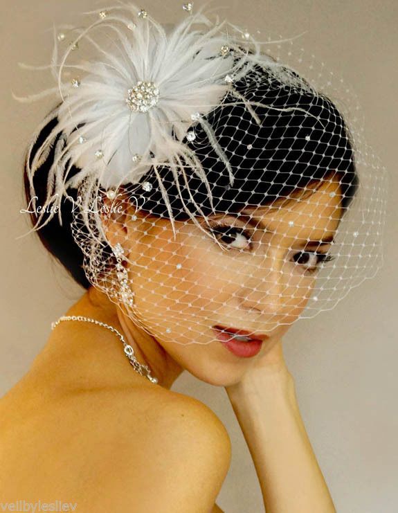 Wedding - White RHINESTONE BROOCH Fascinator & RHINESTONE BIRDCAGE VEIL Bridal Veil 27-31