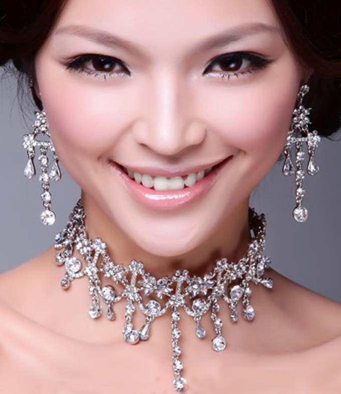 Wedding - Bridal Dangle Flower Rhinestone Crystal Hair Tiara Necklace Earring Set NR425