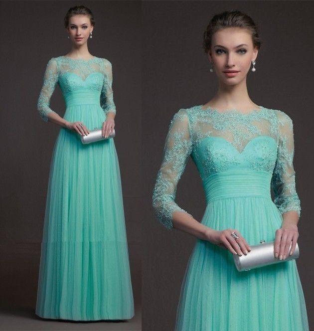 زفاف - جديد مخصص جوهرة الشيفون كم طويل رسمي الزفاف فستان سهرة فستان الحفلة الراقصة 2014