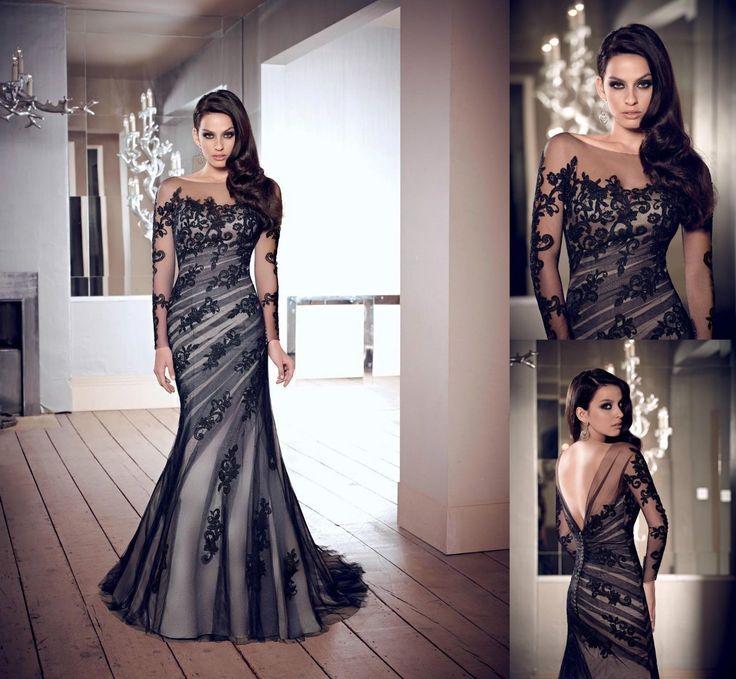 Hochzeit - Sexy Black Lace Jewel Individuelle Hochzeits-Kleid Langarm-Nixe-Abschlussball-Abend-Kleid