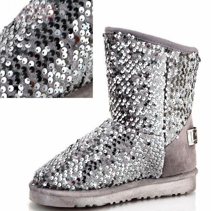 Wedding - Women Fashion Glitter Shimmer Sequin Flat Fur Lining Thermal Mid Calf Snow Boots