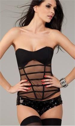 Wedding - Sexy Black Sheer Mesh Bustier Corset Back With Boning Lingerie Top