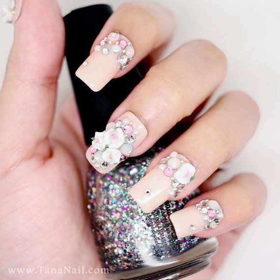 Wedding - Japanese 3D Nail Art, Press On Nails, False Nails - Little White Flower  Rhinestones With Nude Color Polish (T108K)