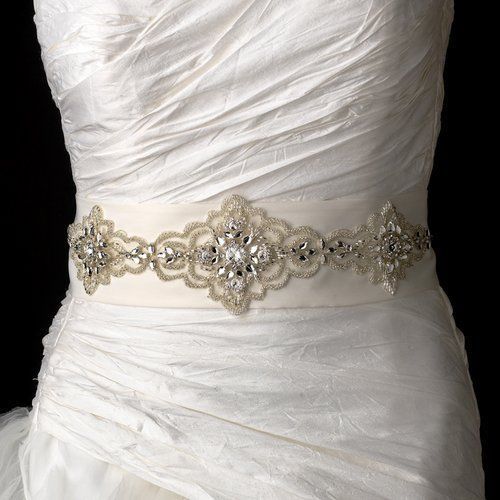 زفاف - وضع حجر الراين العاج مطرز الحزام فستان الزفاف وشاح