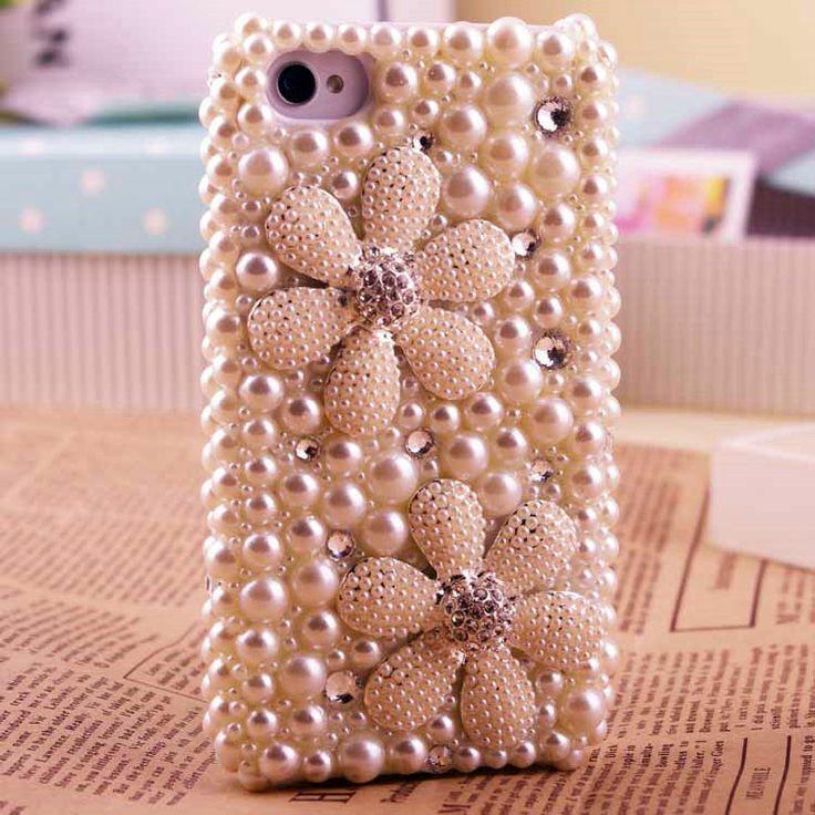 Hochzeit - Handmade Bling Rhinestone-Kristall Iphone4 4s 5 5s 5c-Fall-Abdeckung große Perlen-Blumen