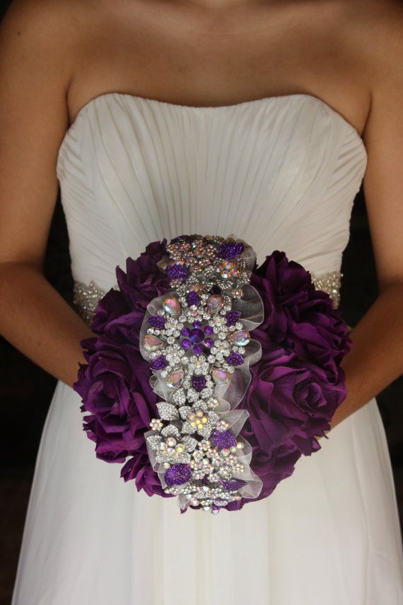 Wedding - Purple Brooch Bouquet Purple Wedding Bouquet Purple Bridal Bouquet Beach Wedding Bouquet Alternative