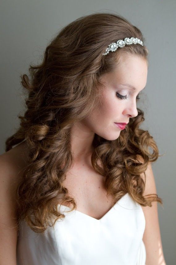 Hochzeit - Bridal Satin Ribbon With Cubic Zirconia Headband / Tiara Hair Accessories