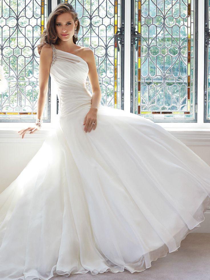 Свадьба - One Shoulder Wedding Dress Pleated Bridal Gown Custom Size 4 6 8 10 12 14 16 18 