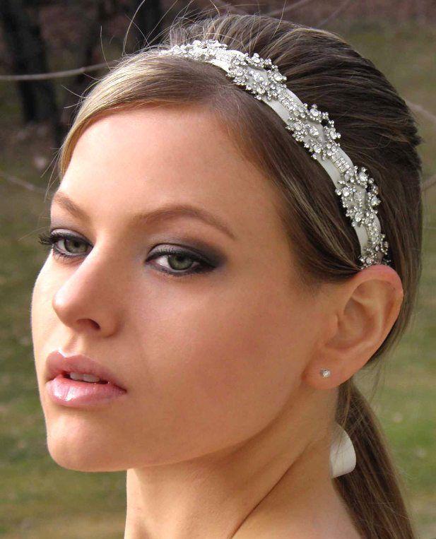 Hochzeit - Bridal Hair Crystal Headband Headpiece Ribbon