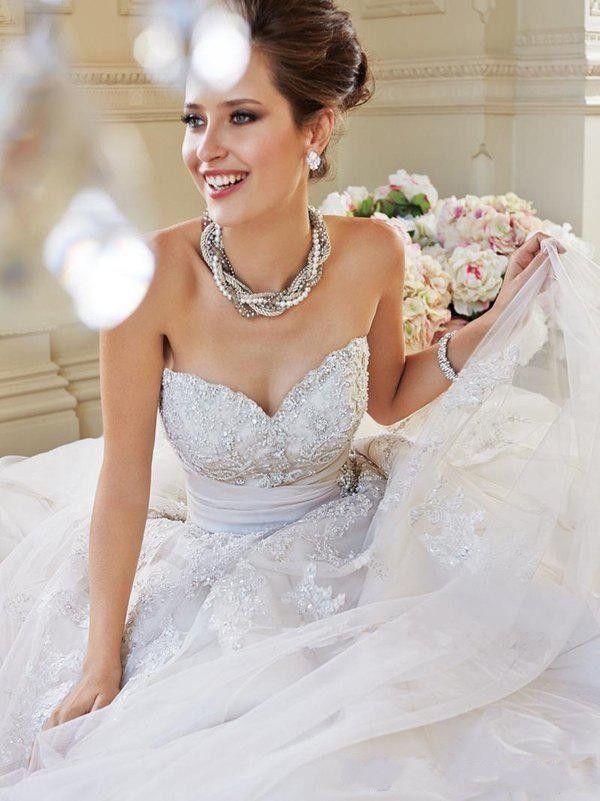 زفاف - 2014 White Chiffon A-Line Fall Winter Sweetheart Sash Court Train Wedding Dress